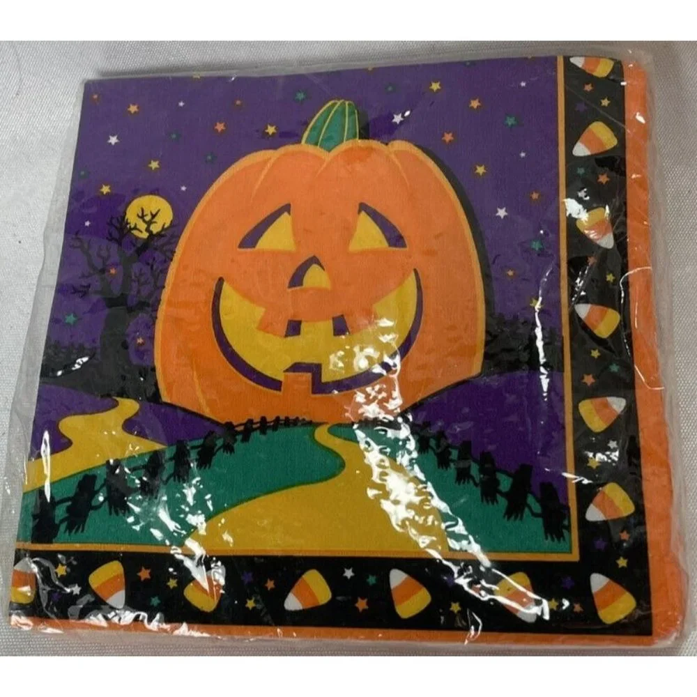 Vintage Halloween Orange Pumpkin Candy Corn Amscan Beverage Napkins 16 3-ply